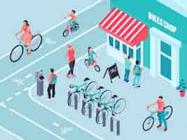 Free vector bikes shop isometric with bicycle parking outdoor