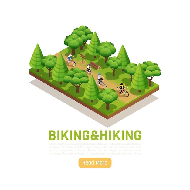 Biking and hiking isometric nature landscape  with family on country walk in forest