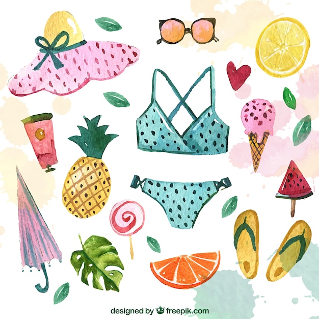 Free vector bikini collection and watercolor summer accessories