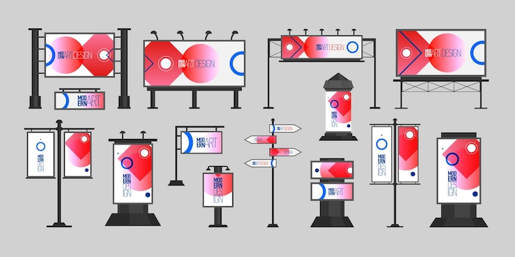 Free Vector billboard advertising design set of isolated icons with outdoor external advertising placards on posts and stands vector illustration