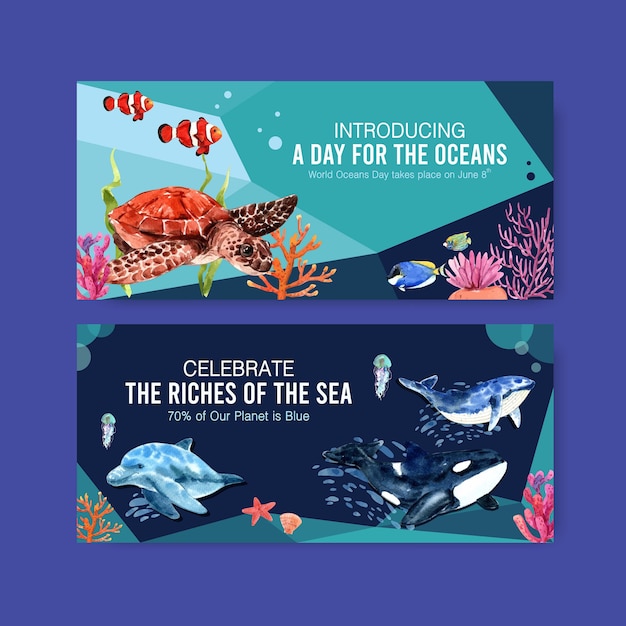 Free vector billboard template design for world oceans day concept with marine animals watercolor vector