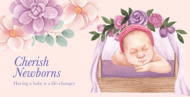 Billboard template with newborn baby concept,watercolor style