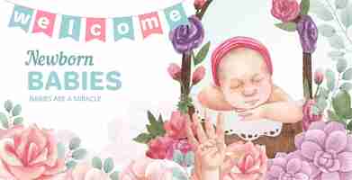 Free vector billboard template with newborn baby concept,watercolor style