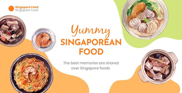싱가포르 요리 개념, 수채화 스타일 빌보드 템플릿