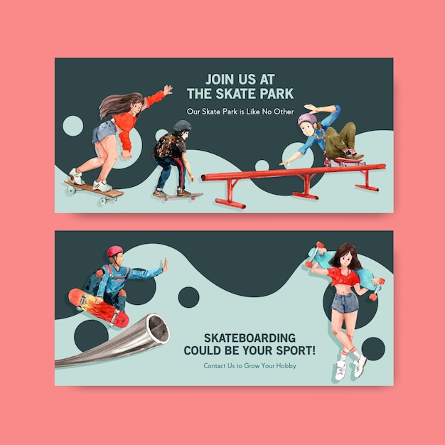 Modello di tabellone per le affissioni con il concetto di design di skateboard per pubblicizzare e marketing illustrazione vettoriale dell'acquerello.