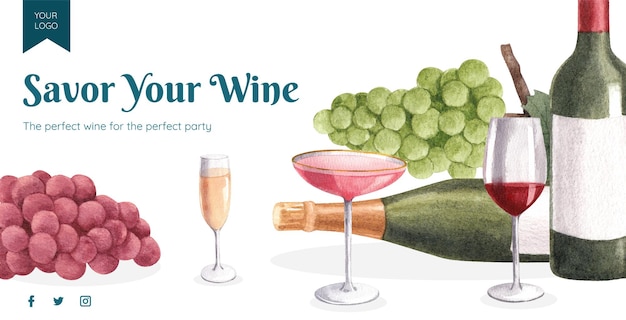 Free vector billboard template with wine party concept,watercolor style