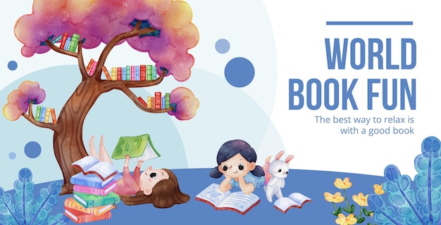 Modello di cartellone pubblicitario con concetto di giornata mondiale del librowatercolor stylexa