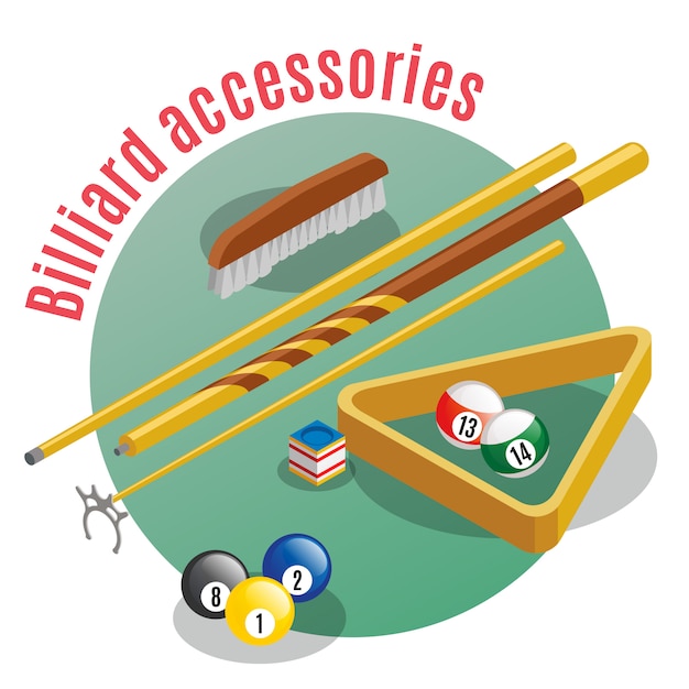 Billiard accessories isometric  with editable text and closeup view of lucky balls sticks and table