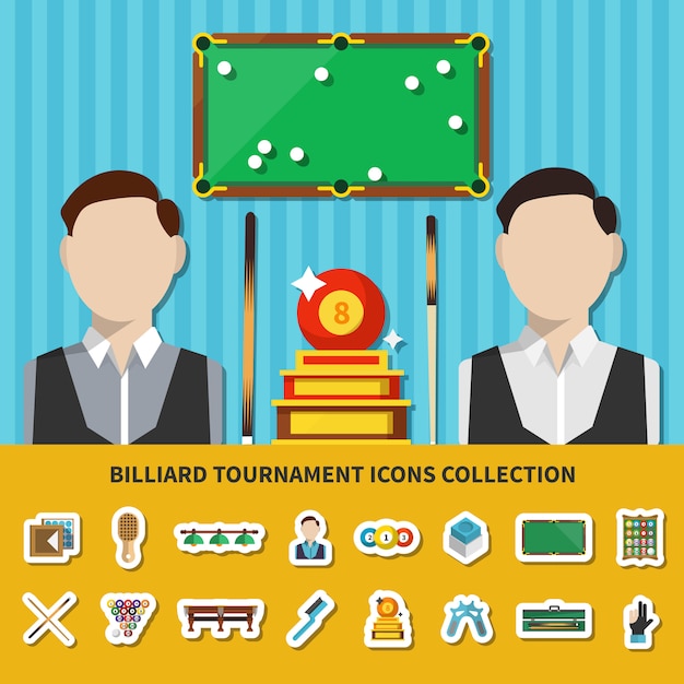 Vettore gratuito collezione di icone del torneo di biliardo