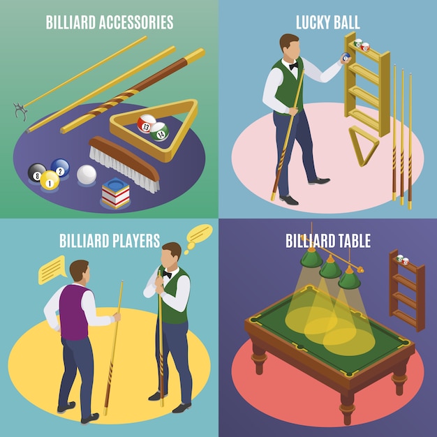 Billiards isometric 2x2 concept with editable text and images of billiard accessories with lucky balls