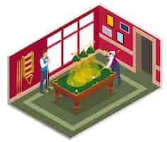 Free vector billiards isometric composition with view of indoor billiard playing room with furniture and characters of people