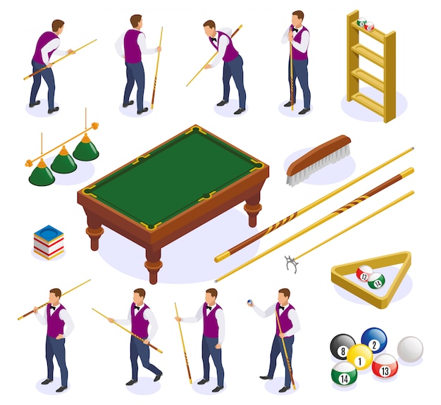 Free vector billiards isometric icons set with isolated images of table cue sticks and balls with human characters