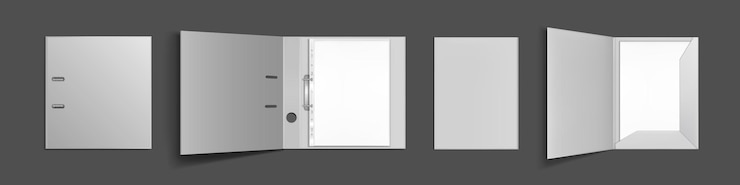 Free Vector binder folder with files in plastic punched pockets and ringbinder top view mockup.