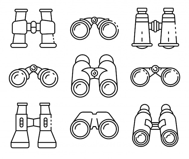 Binoculars icons set, outline style Premium Vector