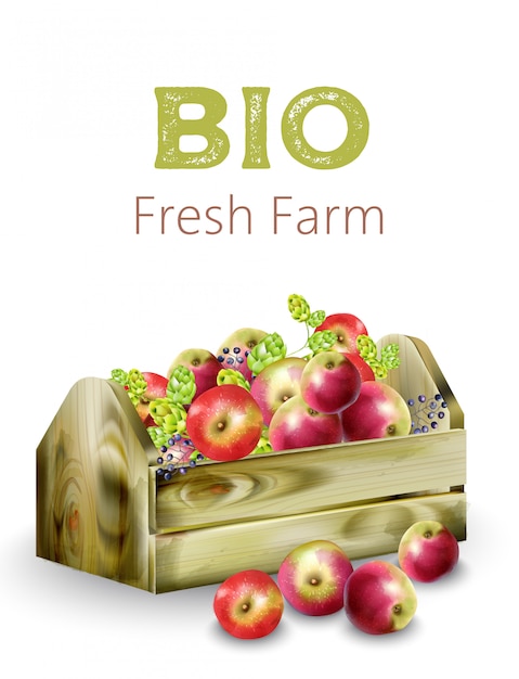 Free vector bio fresh farm wooden box full of apples, artichokes and berries