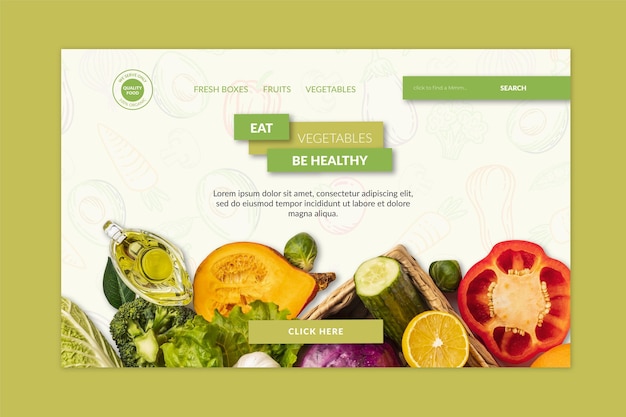 Vettore gratuito modello di pagina di destinazione per alimenti biologici e sani con foto