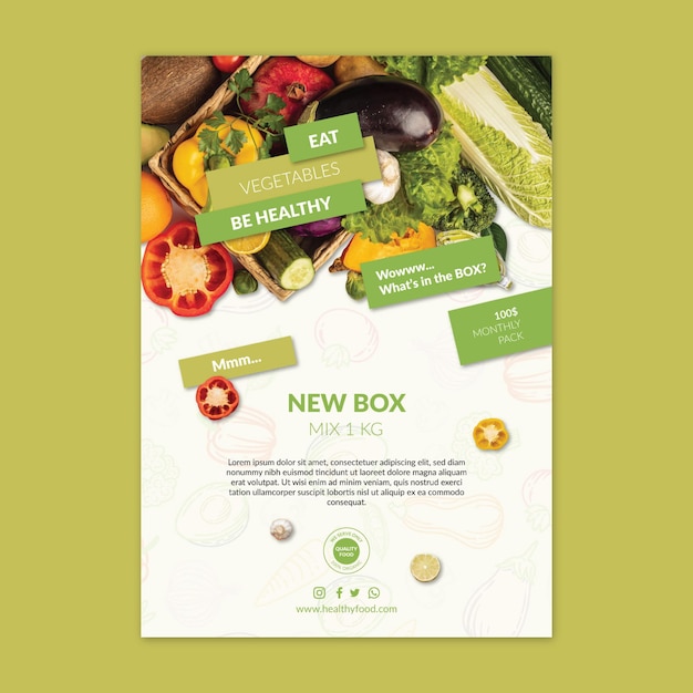 Vettore gratuito modello di poster di cibo biologico e sano con foto
