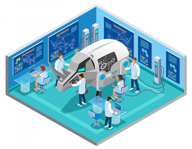 Bio robots replacing animal testing isometric composition with automated rhinoceros research procedure in scientific laboratory