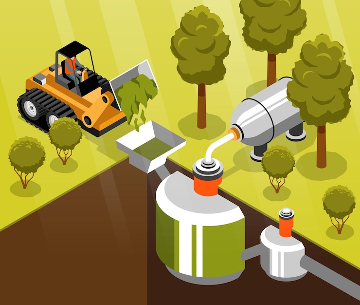 Free Vector biogas isometric composition demonstrating biomass as sources of green biofuel vector illustration