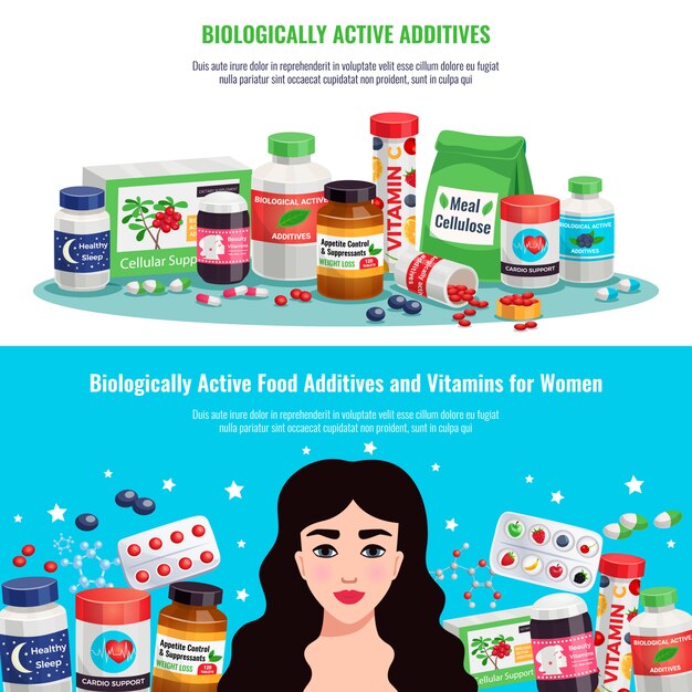 biologically active food additives and vitamins for women health and beauty horizontal banners cartoon