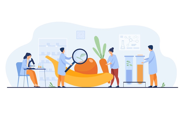 Free vector biology scientists doing research on fruits. people cultivating plants in lab. vector illustration for gmo food, agriculture, science concept