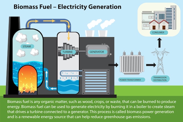 Vettore gratuito diagramma di generazione di energia elettrica da combustibile da biomassa