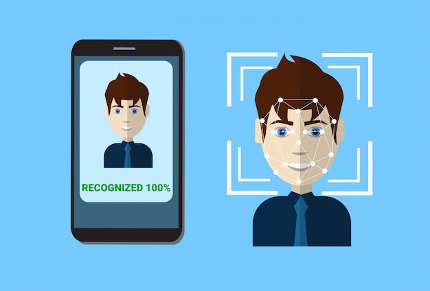 Биометрическая сканирующая система контроля защиты смартфон сканирование лица пользователя, концепция технологии распознавания лиц