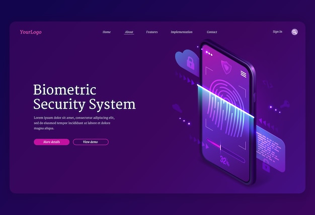 생체 인식 보안 시스템 아이소 메트릭 방문 페이지. 개인 데이터 보호, 지문 및 잠금 기능이있는 스마트 폰 화면의 온라인 액세스, 사용자 계정 확인 및 개인 정보 보호, 3D 웹 배너