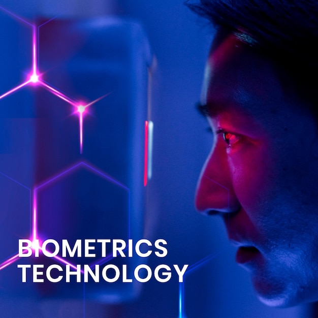 Free vector biometrics technology template with man scanning his eyes background