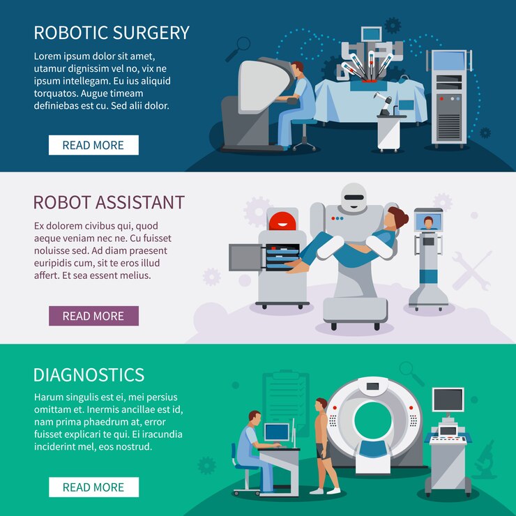 Free Vector bionic banners  set of robotic surgery tools and  innovational medical diagnostic equipment flat vec