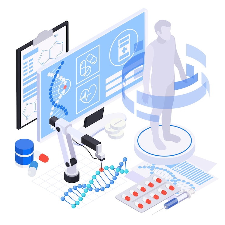 무료 Vector 프로젝션 벡터 일러스트레이션에서 컴퓨터 화면 dna 알약 주사기 및 인체 실루엣을 사용한 생명공학 아이소메트릭 구성