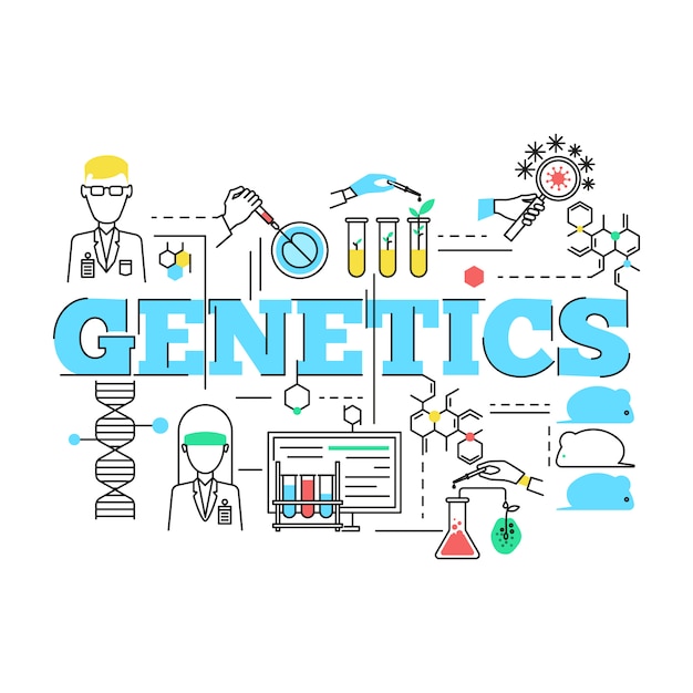 무료 벡터 파란색 제목 전문가와 과학 장비 박테리아 및 동물을 사용한 생명 공학 선형 설계