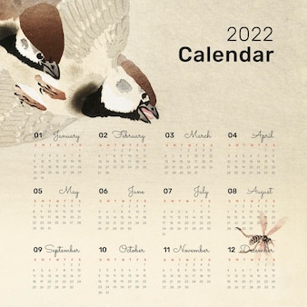 Bird 2022 monthly calendar template, japanese design vector. remix from vintage artwork by ohara koson.