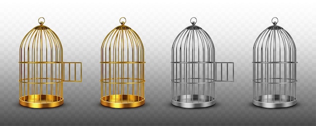 Бесплатное векторное изображение Клетки для птиц, старинные пустые клетки для птиц золотого и серебряного цвета