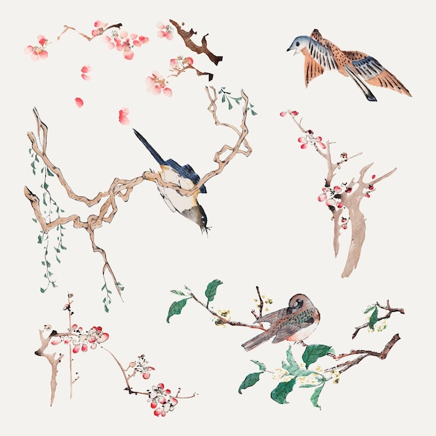 胡正言のアートワークからリミックスされた木のベクトルアートプリントセットにとまる鳥