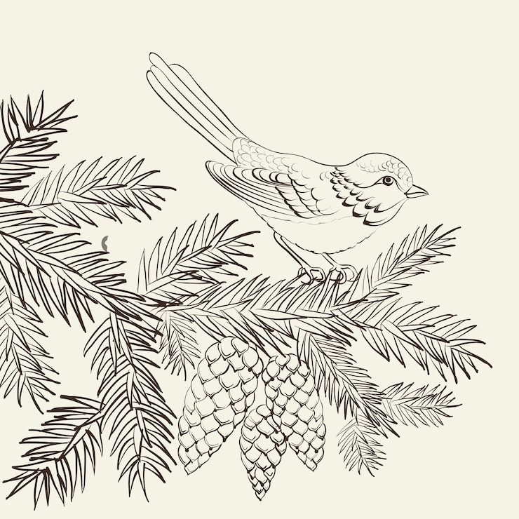 Free Vector bird on pine fir with pinecone