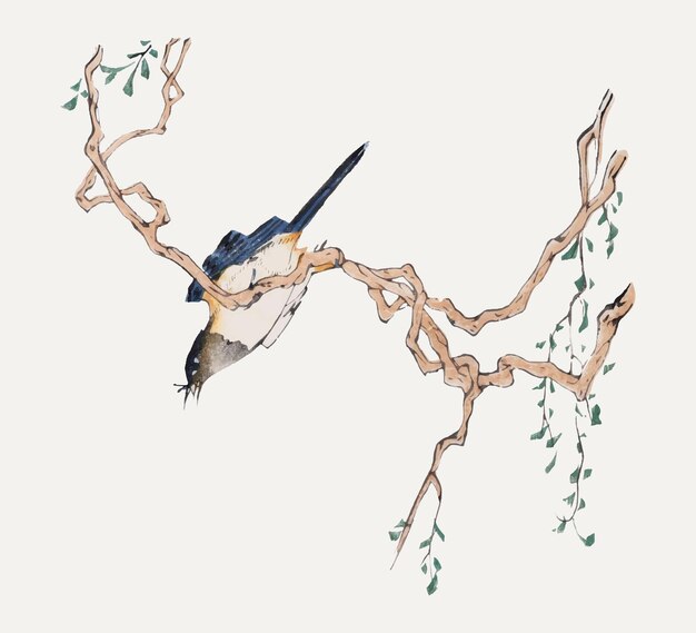 Bird vector perching on a tree illustration, remixed from artworks by Hu Zhengyan