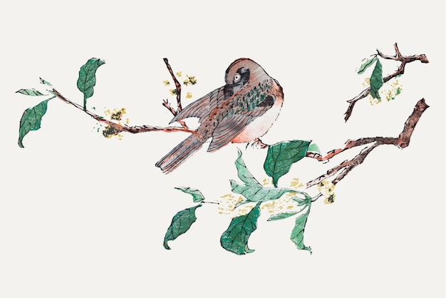 Hu Zhengyan의 작품에서 리믹스한 나무 삽화에 앉은 새 벡터