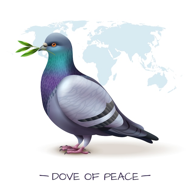 Bird  with image of pigeon holding branch with green leaves in front of world map