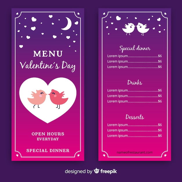 Birds kissing valentine menu template