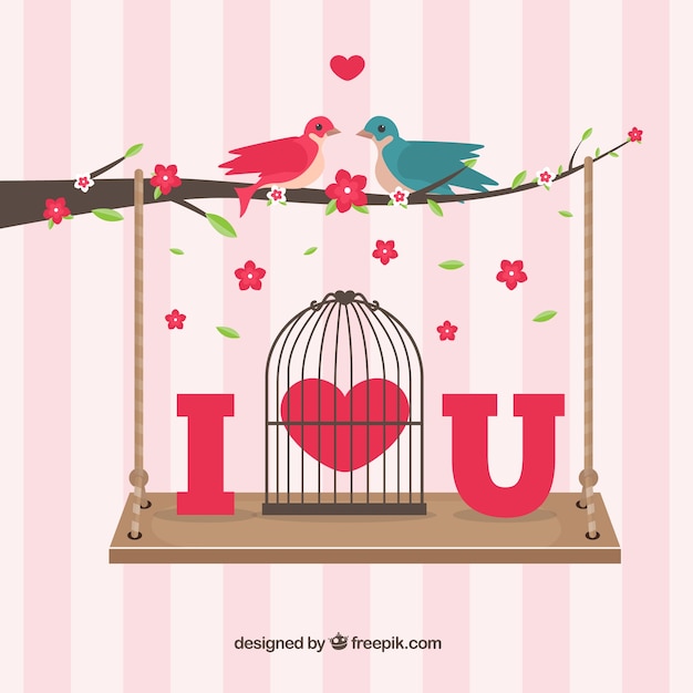 Free vector birds in love on a branch with a swing