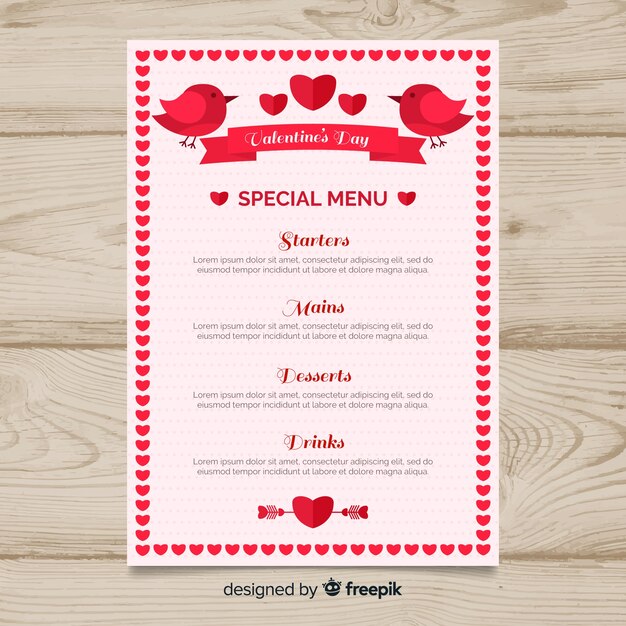 Birds and ribbon valentine menu template