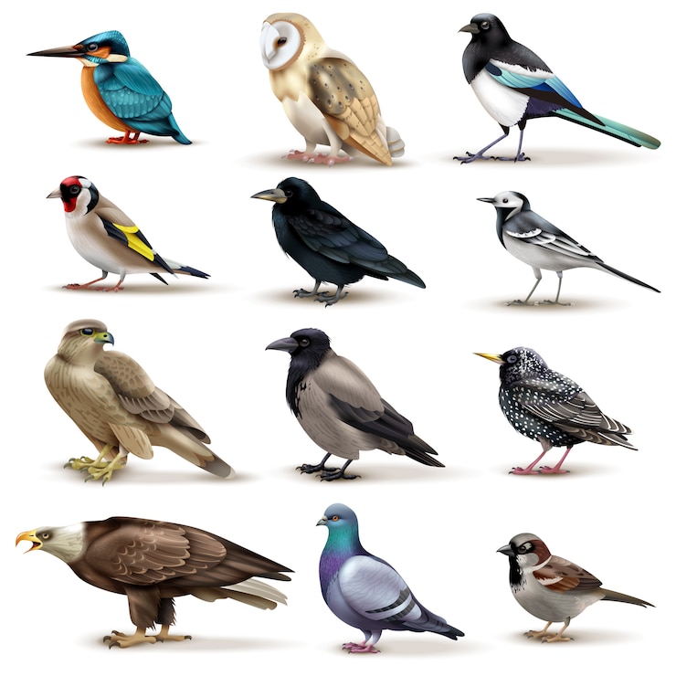 無料Vector 空白の異なる種とカラフルな鳥の12の分離画像の鳥セット