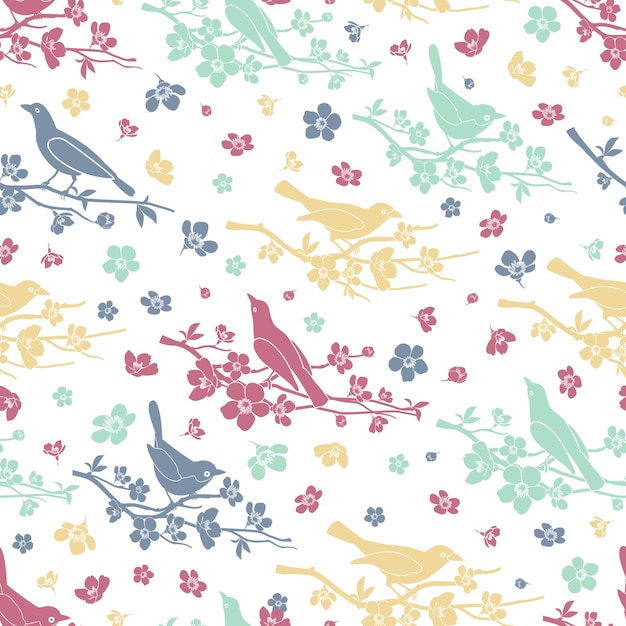 Free vector birds and twigs seamless pattern. flower and branch, decoration love and romantic, design floral, vector illustration