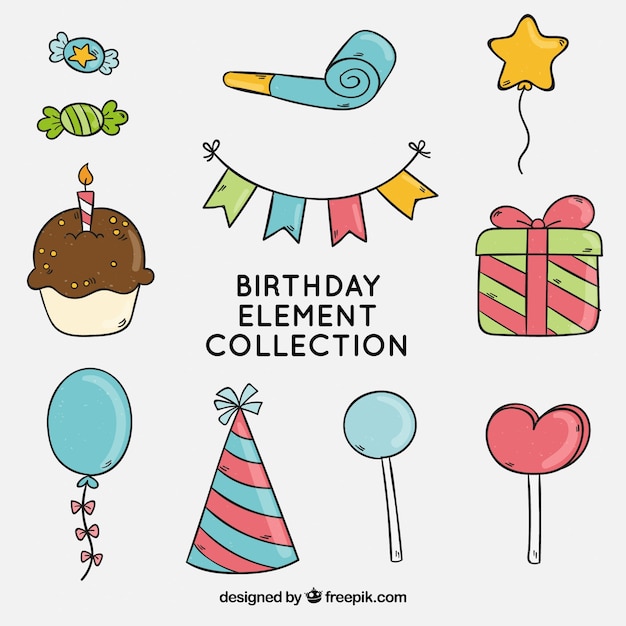 Free vector birhtday elements collection in hand drawn style