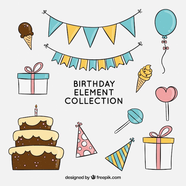 Free vector birhtday elements collection in hand drawn style