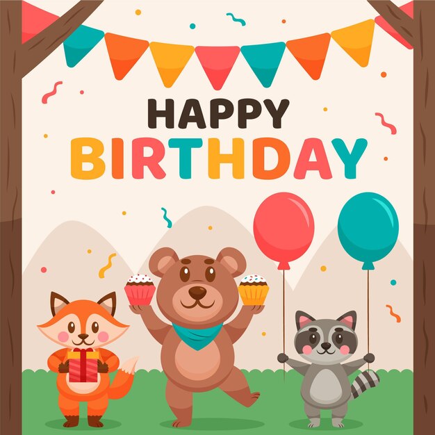 Birthday background with animals and balloons