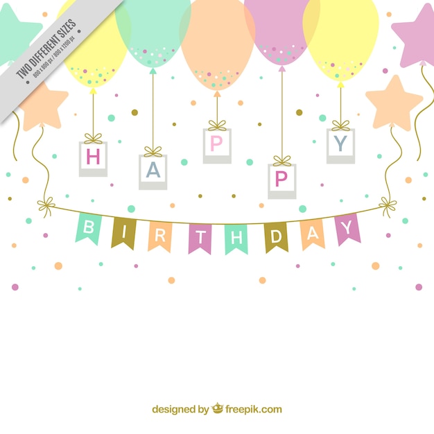 Free vector birthday background with balloons and garland in pastel colors