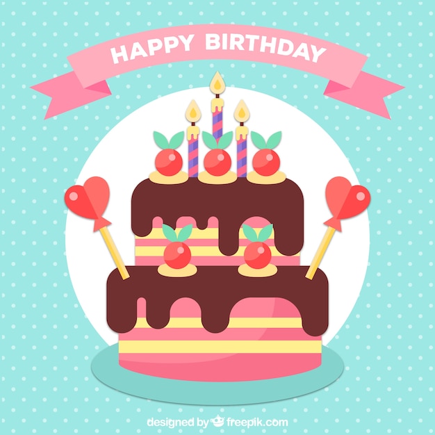 평면 디자인에 케이크와 생일 배경