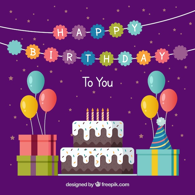 Free vector birthday background with cake and gifts in flat design